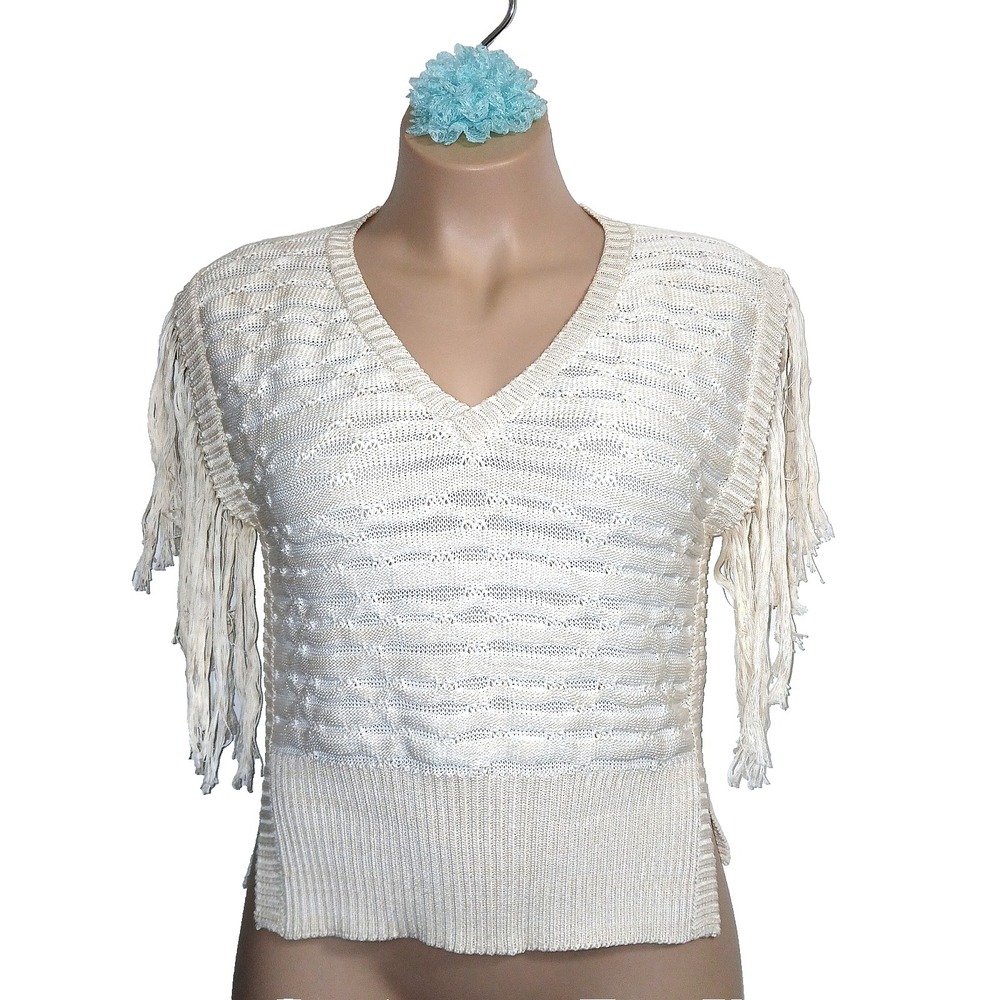 Saya Pima Cotton Lara Women Fringe Sweater M L Ivory Khaki Weave Peru Western